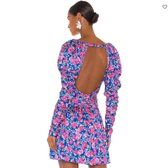For Love & Lemons Puff Sleeve Open Back Annie Mini Dress Blue Pink Floral Sz S - Picture 5 of 14